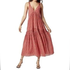 Joie V-Neck Tiered Maxi Dress Sleeveless Tea Rose Red Floral Lined 100% Cotton S